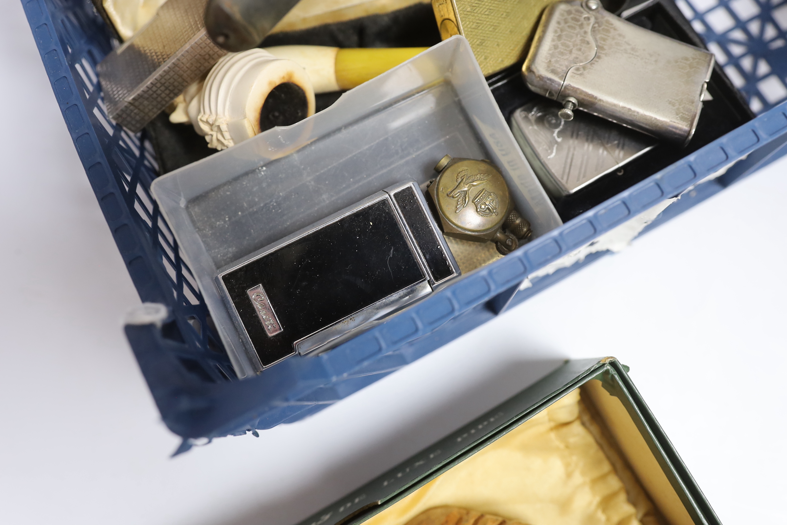 Sundry items and collectables including Dunhill and DuPont lighters, pipes with silver banding, etc.